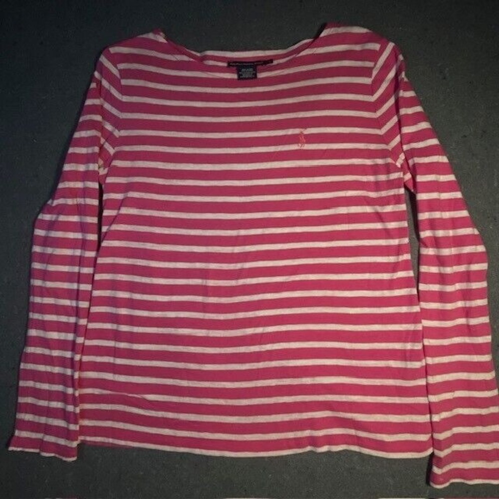 LAUREN RALPH SPORT Women's TOP pink & white LARGE preppy LONG‎ SLEEVE BOATNECK